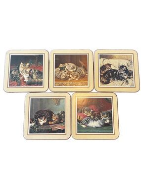 Vintage Pimpernel Cats at Home Cork Coasters Set 5 Victorian Cat Art